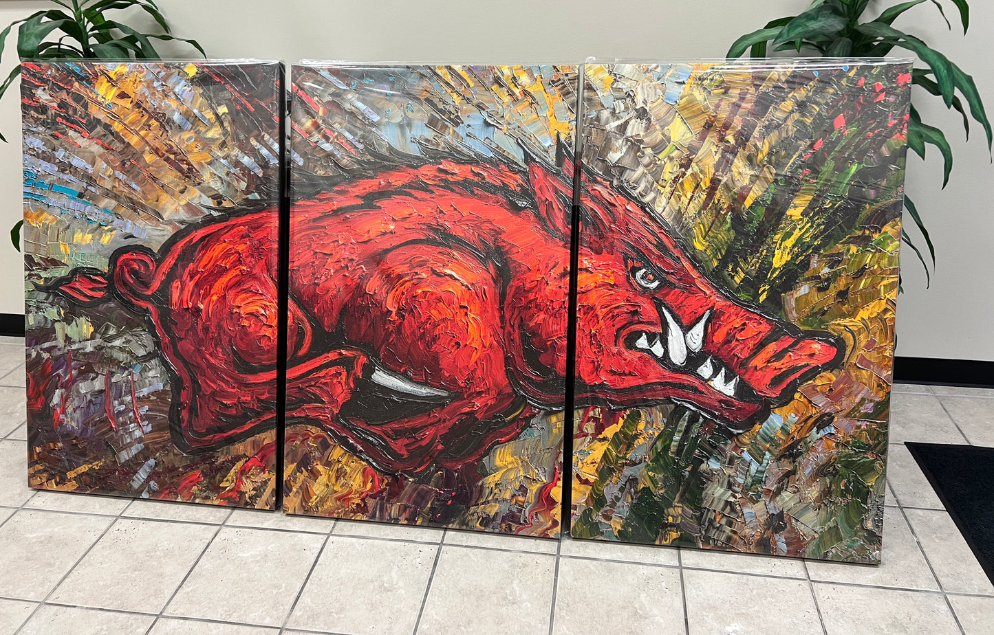 Put out some serious Razorback Pride this year! "Seeing Red" 3 panel Triptych: 48" tall x 90" wide: Each panel is 48" tall x 30" wide.
