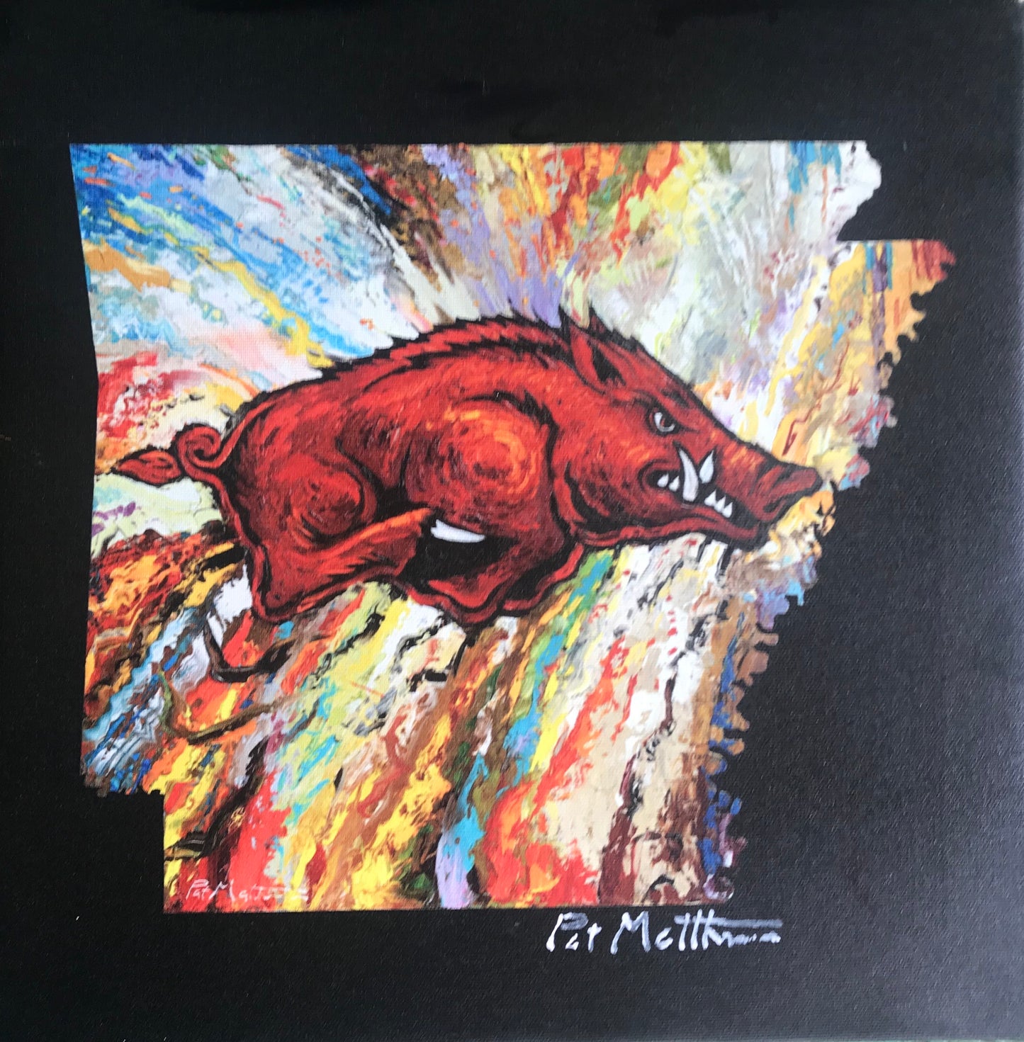 Archival Print on Canvas 12" X 12" Razorback on stretched canvas with a black background.