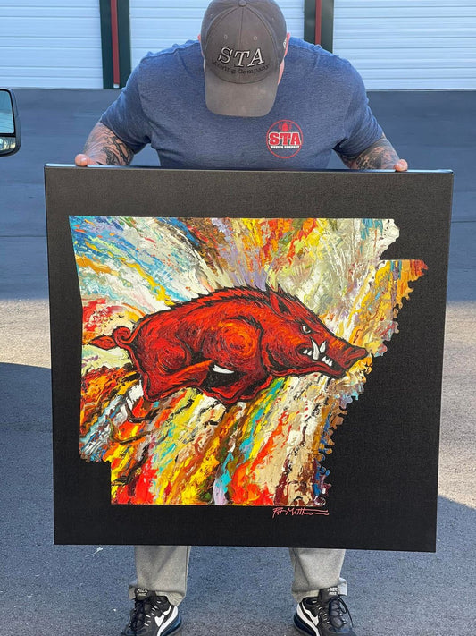 Large Archival Print on Canvas 36" x 36" of The Arkansas Razorback on Black Background. #030